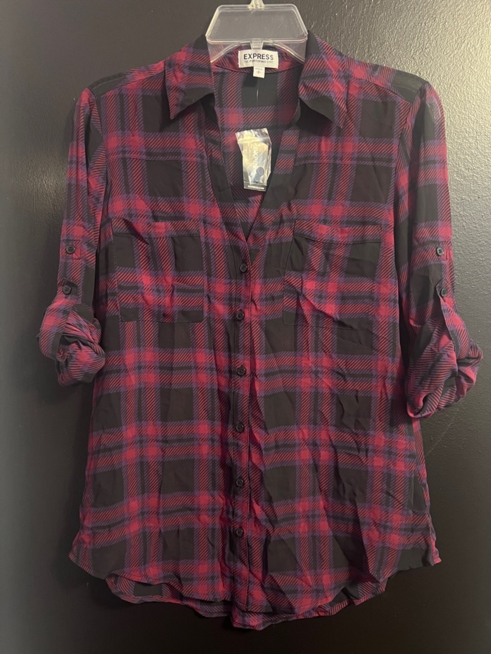 Express Portofino Black and Purple Plaid Roll-Sleeve Shirt